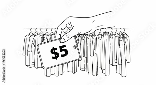 Hand holding a price tag of $5 above a rack of clothes