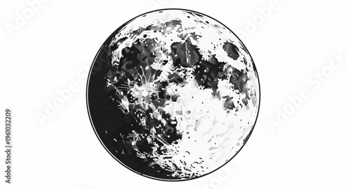 Highly detailed, monochromatic illustration of the textured lunar surface