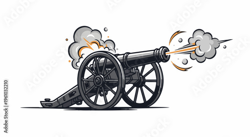 Historic cannon firing with smoke and orange energy bursts