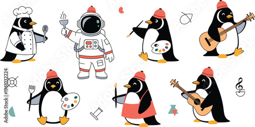 Creative penguin professions set flat vector illustration cartoon birds as chef astronaut artist musician and painter characters collection