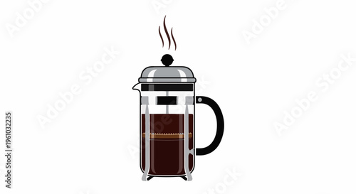 Hot coffee steams from glass french press on white background