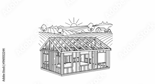 House framing in progress against a rural landscape with a sunrise