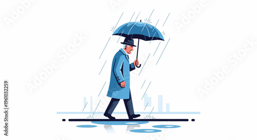 Gentleman walks under umbrella in rain amidst city buildings