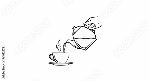 Hand pouring hot beverage from a teapot into a steaming cup