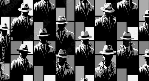 Monochrome collage of men in hats and suits with geometric background
