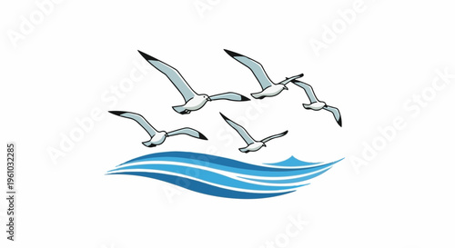 Five seagulls glide over stylized blue ocean waves