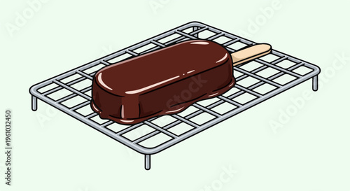 Isometric illustration of a chocolate-covered ice cream bar on a wire rack