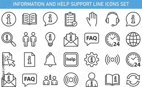 Information and help support line icons set featuring FAQ, knowledge base, user guide, customer assistance, documentation, help desk service concept