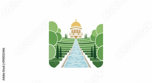 Iconic tiered gardens with a central domed building and reflective water features