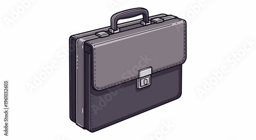 Isometric illustration of a classic dark grey leather briefcase with silver latch