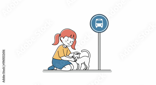 Girl pets cat by bus stop