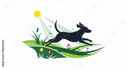 Energetic black dog runs through a sunlit green field with flowers