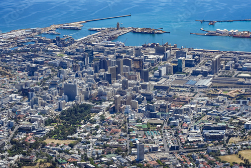 South Africa,Cape Town,Table Mountain,Aerial view of a coastal city with dense urban development and harbor facilities
