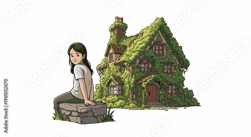 Girl rests on stone near overgrown ivy-covered cottage
