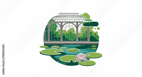 Glass conservatory building with lush green trees, pond, and water lily