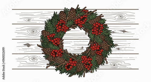 Festive holiday wreath with pine cones, red berries, and evergreen branches on wood