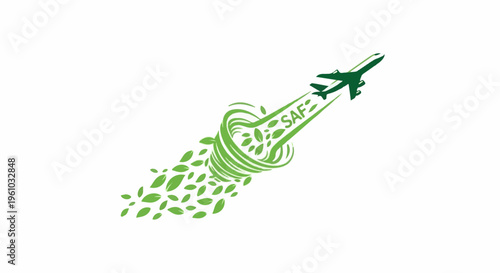 Green airplane taking off from leaves, symbolizing sustainable aviation