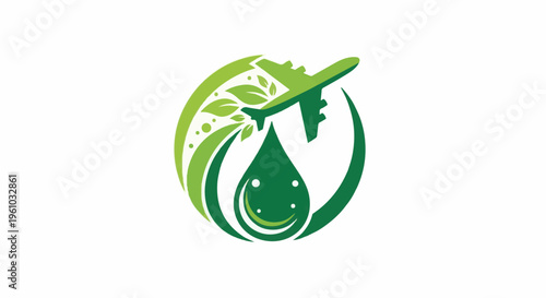 Green airplane with leaves and a drop of liquid inside a circular frame