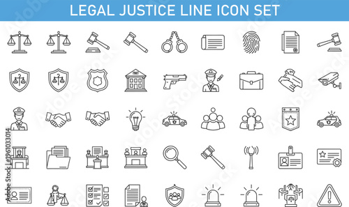 Law enforcement and legal justice line icon set, police, court, security, investigation, crime prevention, documents, shield protection outline vector collection isolated