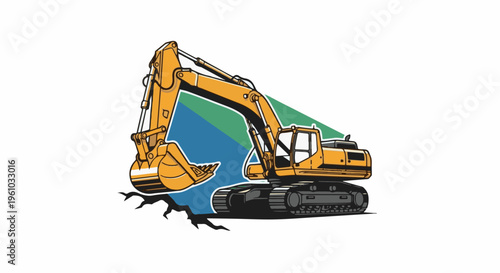 Excavator with cracked ground and abstract background