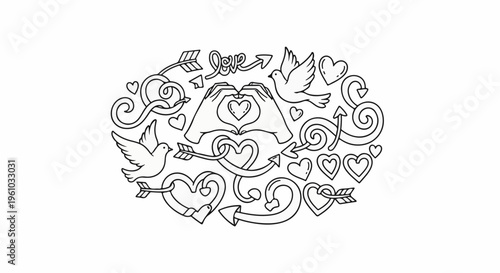 Doodle art with hearts, doves, hands making a heart shape, and arrows