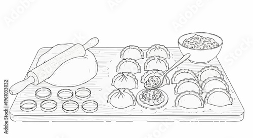 Dough, filling, and dumplings are prepared on a wooden board for cooking