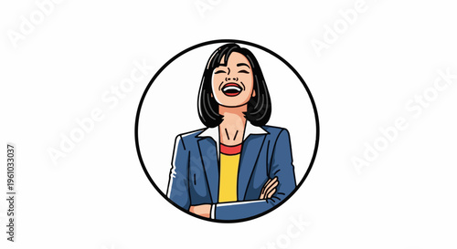 Excited woman in a suit smiles broadly with her arms crossed