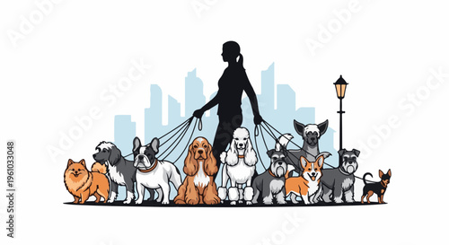 Dog walker with diverse breeds against a city skyline