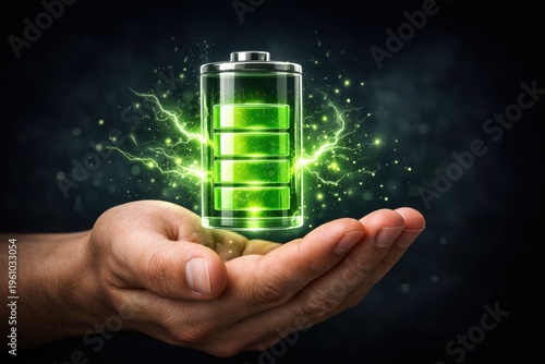 Green electric battery technology symbolizes energy storage held in human hand with glowing electric sparks illustrating power and innovation