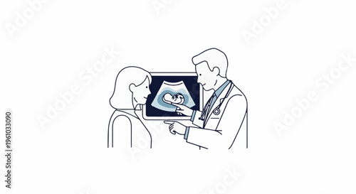 Doctor showing ultrasound image of fetus to expectant mother