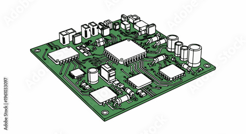 Isometric illustration of a complex electronic circuit board with multiple components