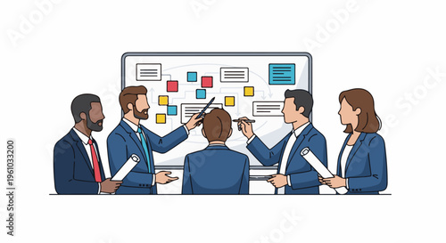 Diverse team collaborates on project strategy displayed on a whiteboard