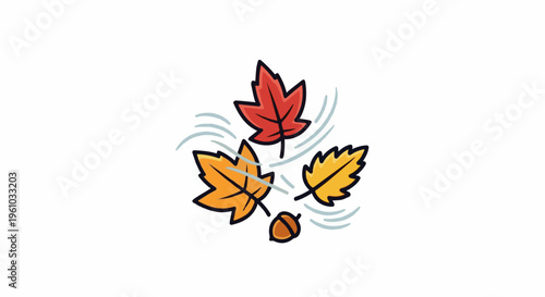 Falling autumn leaves and an acorn blown by wind