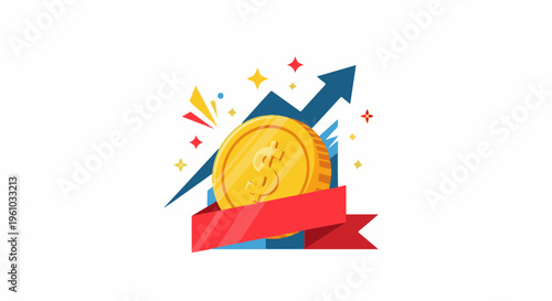 Golden coin with upward arrow signifies financial growth and celebration