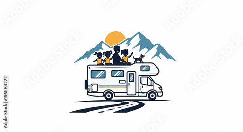 Family and dog enjoying an RV road trip with mountains and sun
