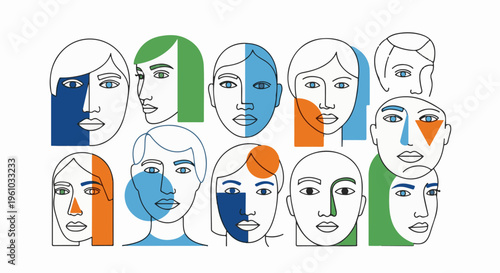 Diverse stylized faces with bold geometric color blocks