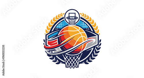 Dynamic basketball logo with a ball and hoop framed by laurels