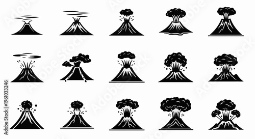 Diverse stylized illustrations depict various stages of volcanic eruptions