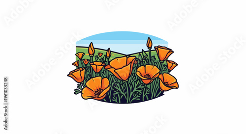 Field of vibrant orange poppies under a bright blue sky with rolling green hills