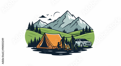 Family camping trip with tent, campfire, and car near mountains