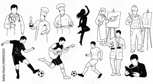 Diverse professions and hobbies depicted in a stylistic, line-art illustration