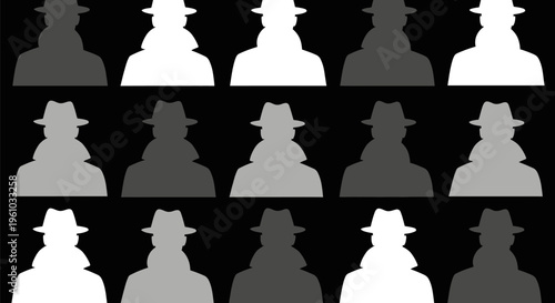 Monochrome silhouettes of people wearing hats in rows on black background for anonymity concept