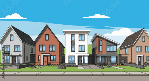 Diverse modern homes line a suburban street under a bright blue sky with clouds