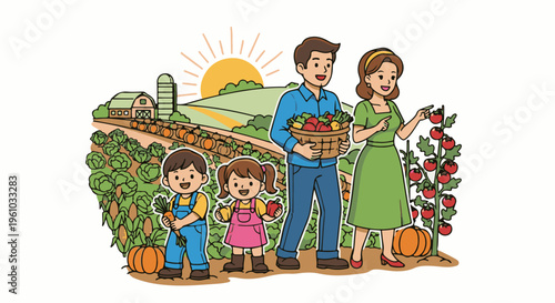 Family enjoying a bountiful harvest from their farm under a bright sun