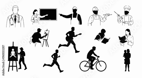 Diverse professional and recreational activities depicted in minimalist graphic style