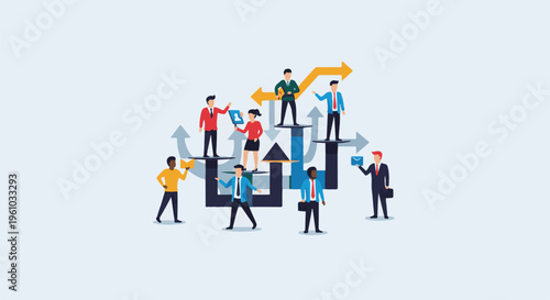 Diverse individuals in business attire strategize and communicate on a dynamic path