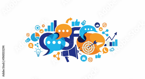 Diverse icons represent communication, analytics, and marketing strategies in vibrant digital art