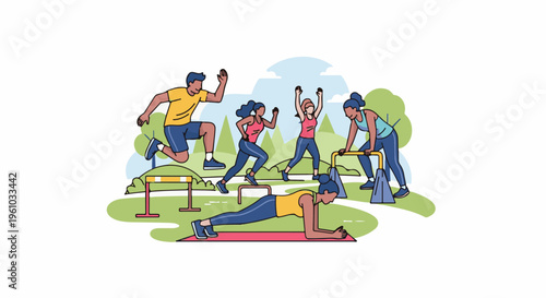 Diverse group exercising outdoors with hurdles, bars, and weights