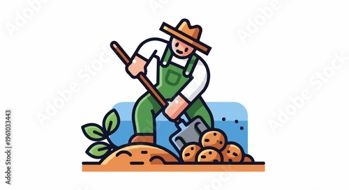 Farmer digging for potatoes with a shovel, surrounded by plants and soil