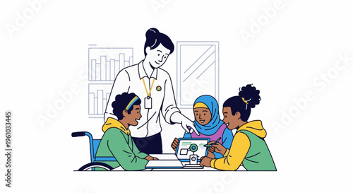 Diverse group of learners collaborate on a digital project with a supportive educator